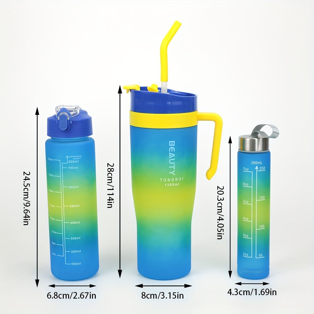 Three-Size Water Bottle Set, 46 oz 27 oz and 9.5 oz Travel Drink Containers with Listed Straw Lid and Handle for Fitness, Outdoor Days and Daily Carry