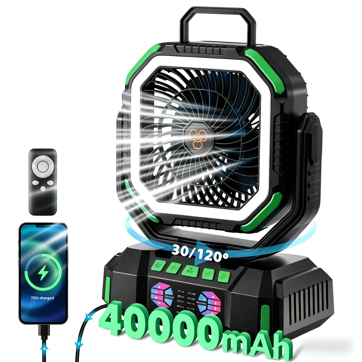 40000mAh Rechargeable Camping Fan with Remote Control, 4 Speeds, Adjustable LED Lights, Timer and Tent Hook for Standing or Hanging Outdoor Use