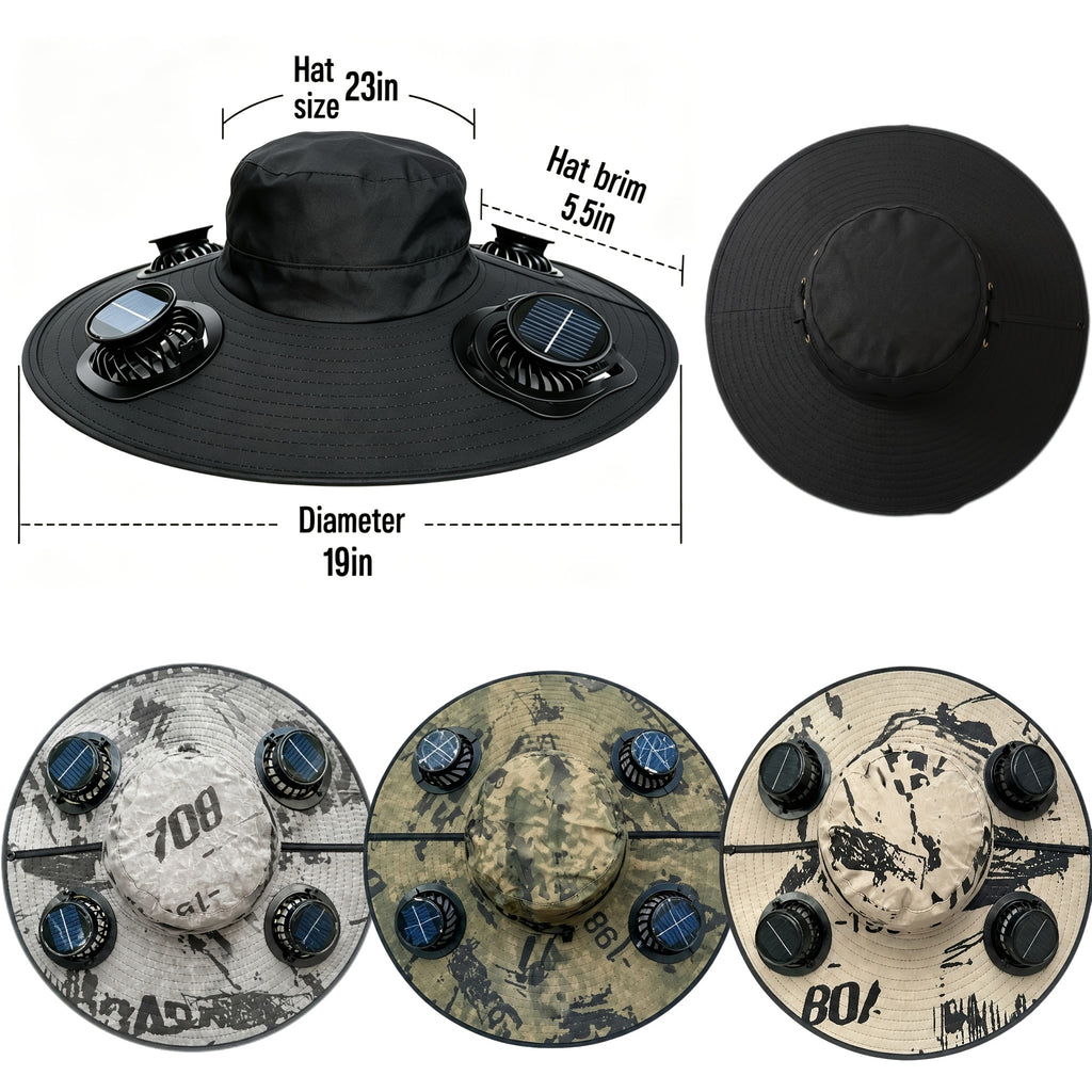 4-Fan Solar Powered Sun Hat with Wide Brim, USB Charging and 3 Adjustable Speeds for Fishing, Hiking and Summer Outdoor Activities