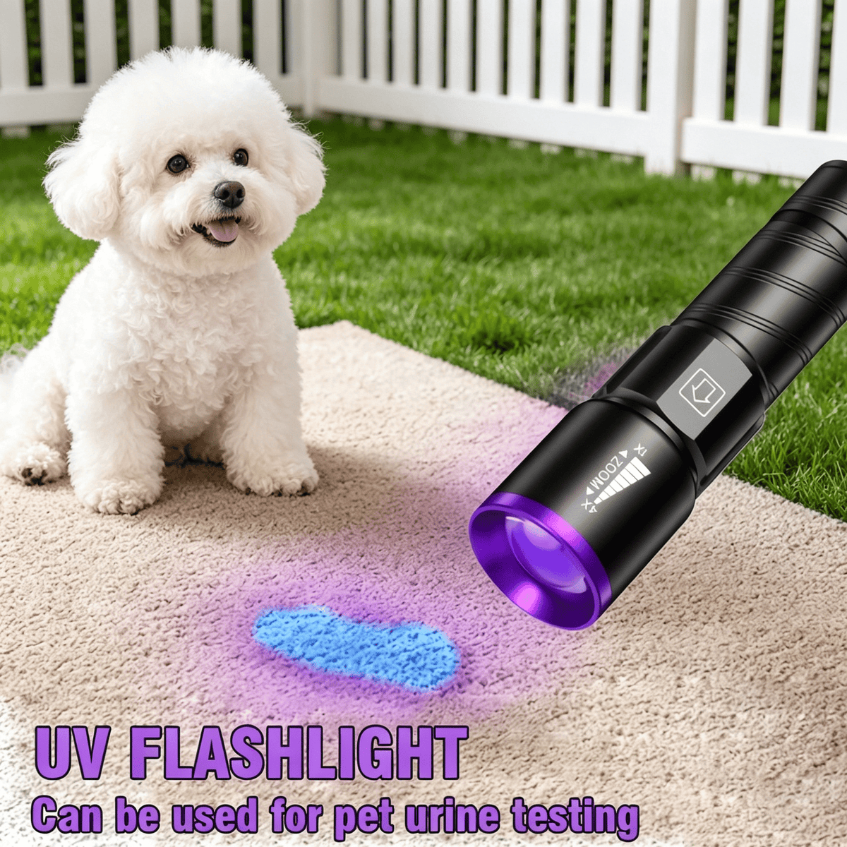 395nm UV Blacklight Flashlight with Adjustable Zoom, USB Rechargeable Aluminum Body and 3 Modes for Fluorescent Stain and Mineral Inspection