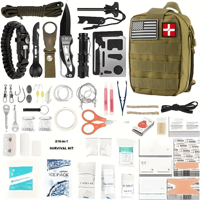 217-Piece Survival Kit with First Aid Supplies and Tools in MOLLE Storage Bag, Emergency Preparedness Set for Home and Outdoor Use