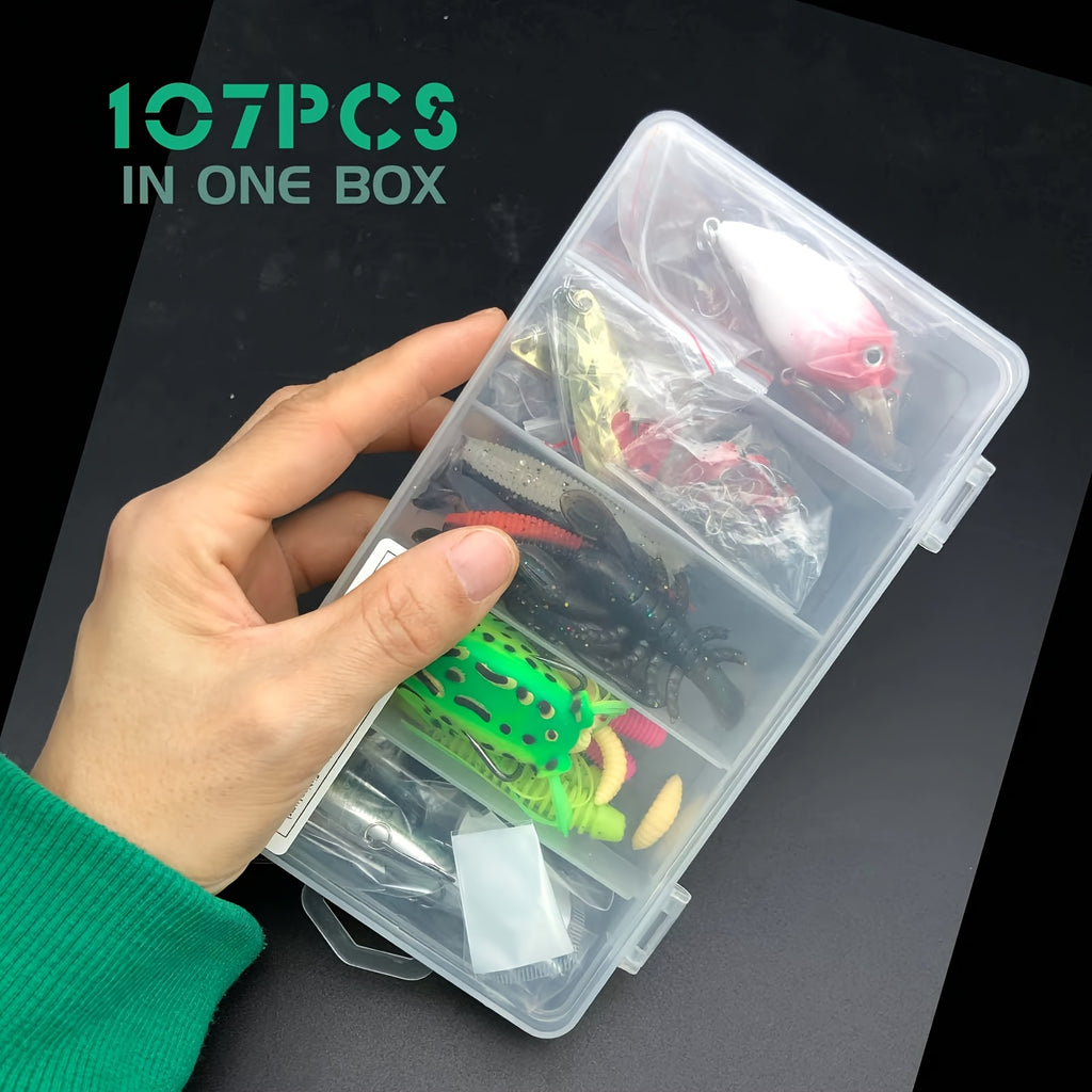 107-Piece Fishing Lure and Tackle Set with Storage Box, Hooks, Jig Heads, Spinners, Spoons and Sinkers for Freshwater and Saltwater Angling