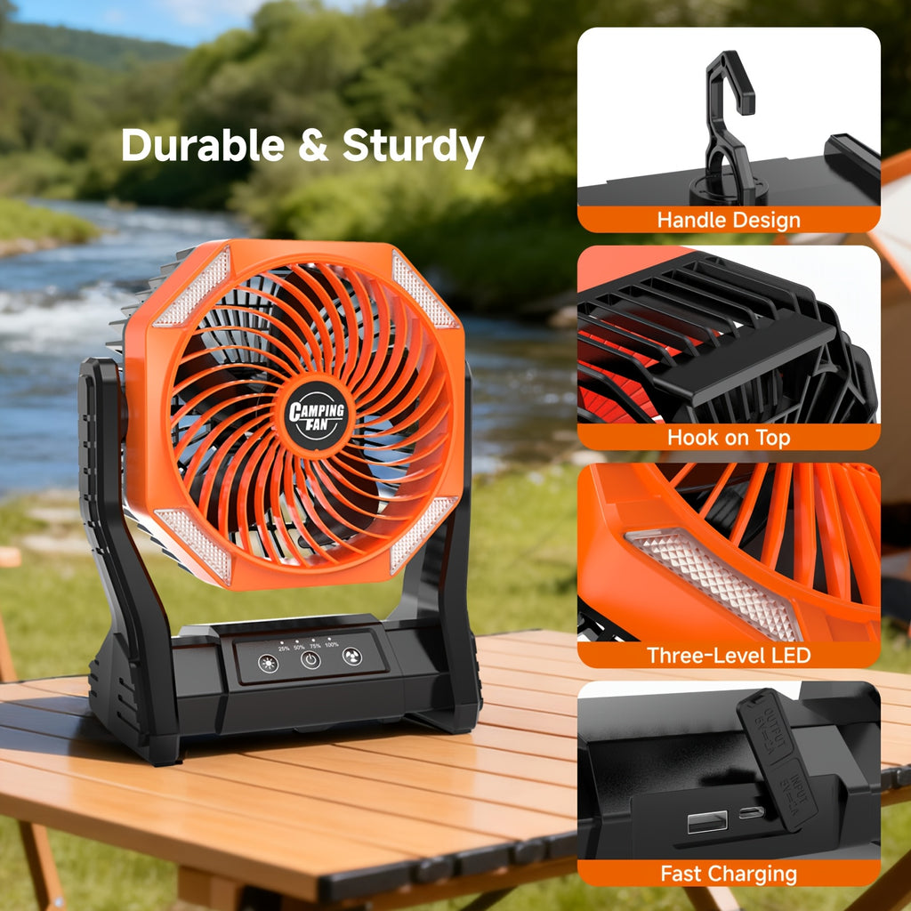 Portable Outdoor Desk Fan with LED Light, Camping Cooling Gear with Orange, Green, Black, Gray and Pink Color and Model Options