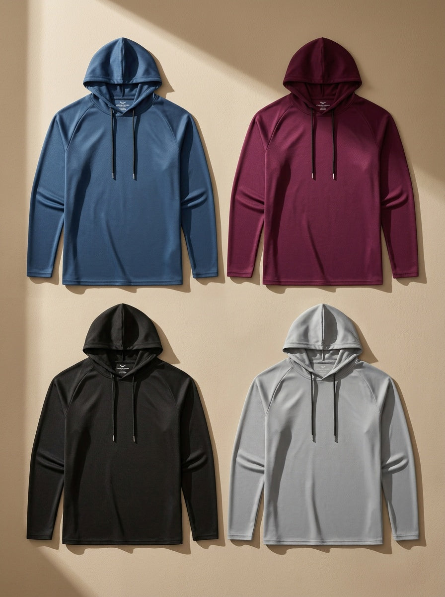 Polyester Athletic Hoodies for Men 4-Pack, Quick-Dry Long Sleeve Hooded Sweatshirts with Regular Fit and Mixed Colors for Running and Workouts, S–XXXL