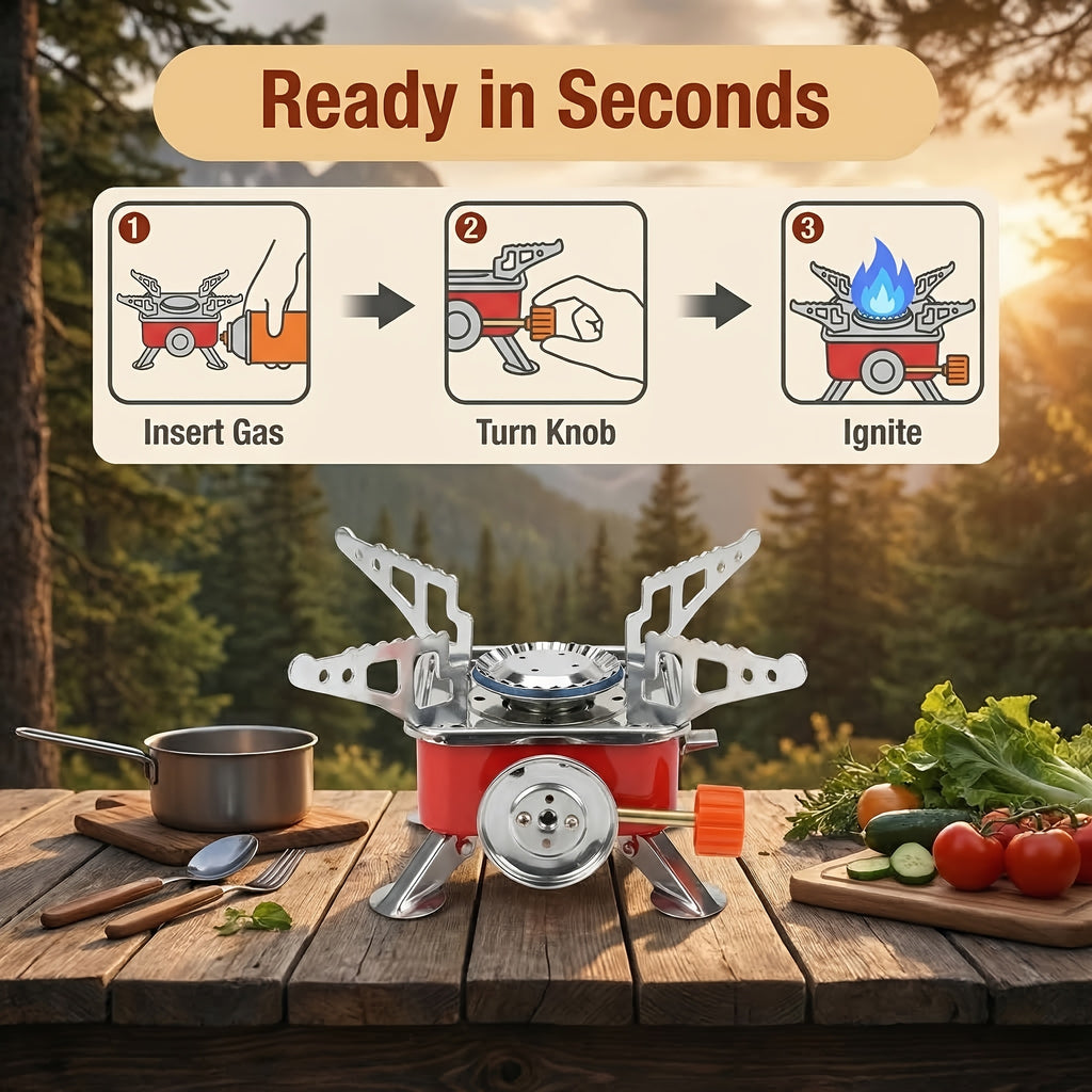 Mini Butane Camping Stove with Folding Supports and Adjustable Flame, Palm-Sized Red Portable Gas Burner for Hiking, Picnics and Outdoor Cooking