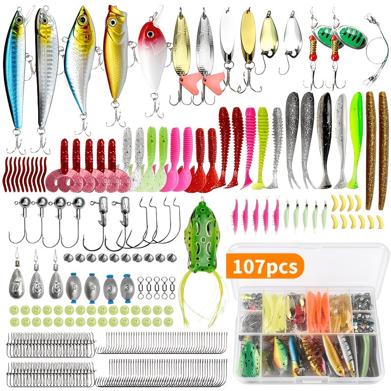 107-Piece Fishing Lure and Tackle Set with Storage Box, Hooks, Jig Heads, Spinners, Spoons and Sinkers for Freshwater and Saltwater Angling