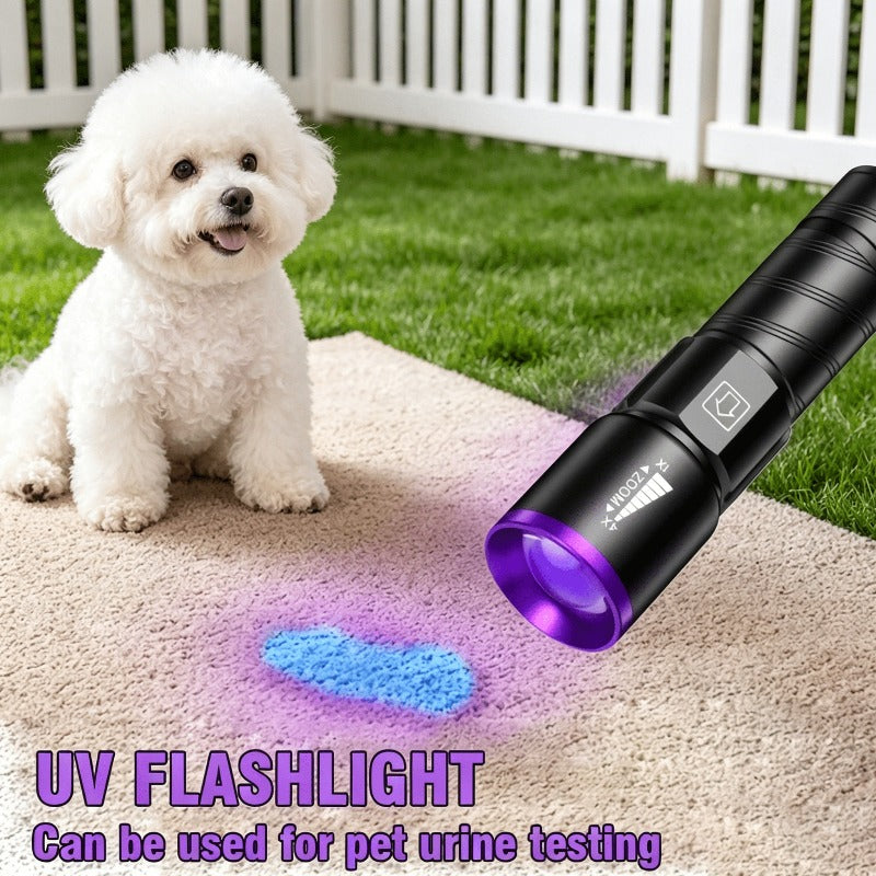 395nm UV Blacklight Flashlight with Adjustable Zoom, USB Rechargeable Aluminum Body and 3 Modes for Fluorescent Stain and Mineral Inspection