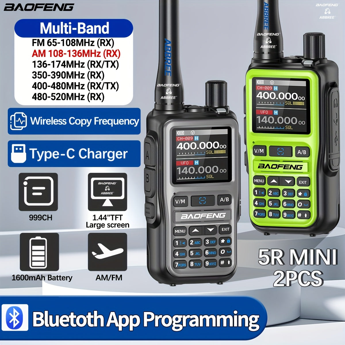 Dual PTT Ham Radio 2-Pack, Baofeng UV-5RMini VHF/UHF Two-Way Radios with NOAA Weather Reception, 999 Channels and USB-C Charging for Emergency Preparedness