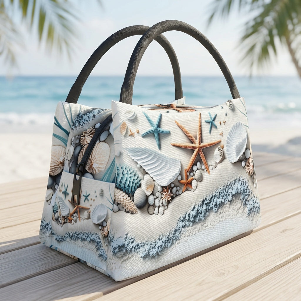 Shell Design Insulated Lunch Bag, Reusable Polyester Cooler Tote, 11 x 6.5 x 7 Inches for Beach Days, Camping, Picnics and Outdoor Meals