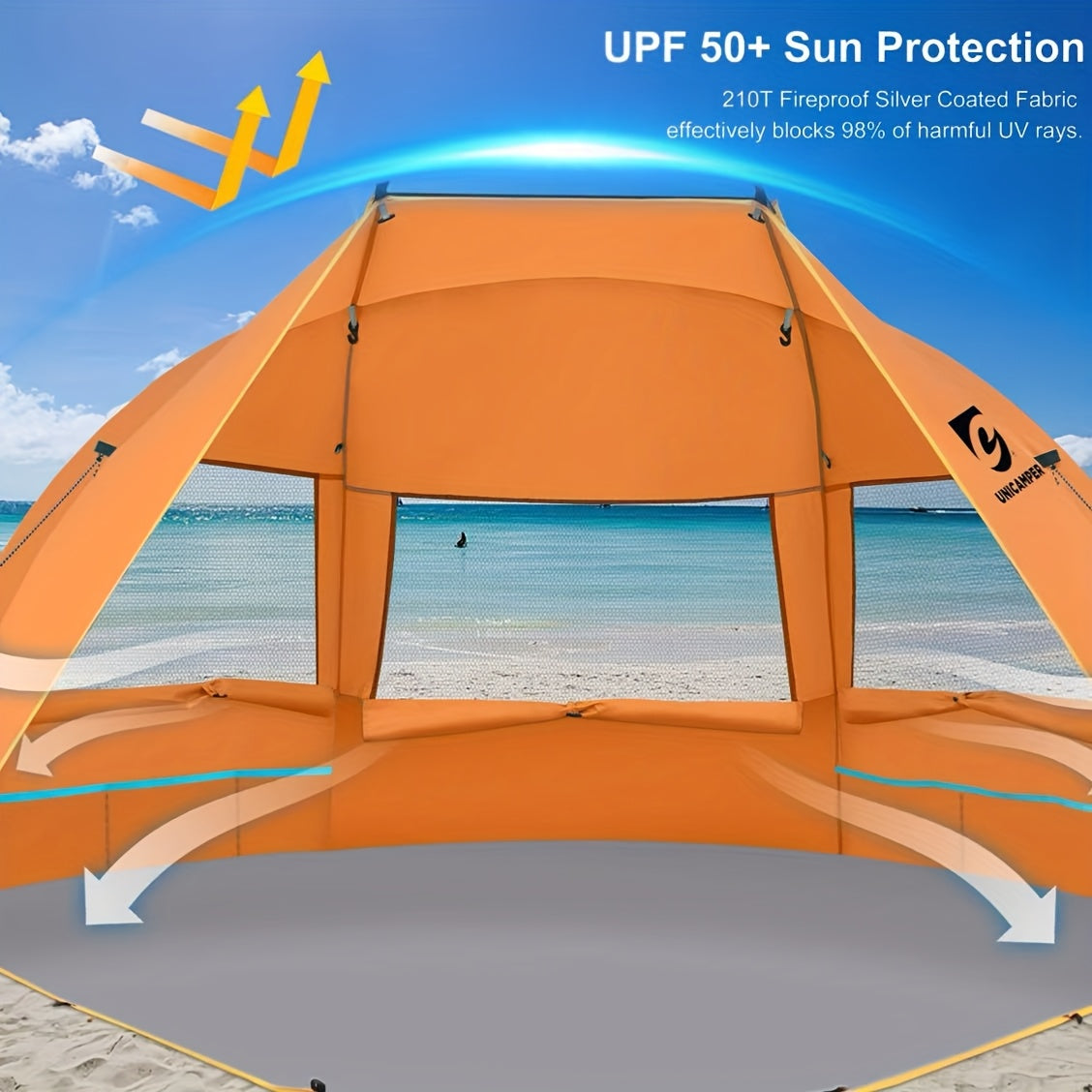 3-Person Beach Sun Shelter with UPF 50+ Fabric, Extended PE Floor and Three Mesh Roll-Up Windows, Portable 4 lb Tent for Beach Days and Outdoor Picnics
