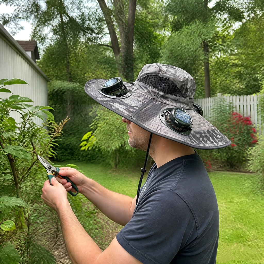 4-Fan Solar Powered Sun Hat with Wide Brim, USB Charging and 3 Adjustable Speeds for Fishing, Hiking and Summer Outdoor Activities