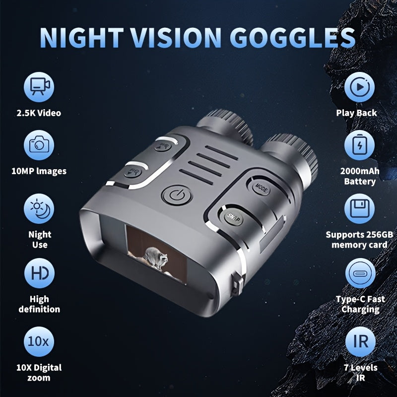 2.5K Night Vision Binoculars with 10x Zoom and 2.4-Inch Display, Photo and Video Capture for Wildlife Observation, Hunting and Ranch Monitoring