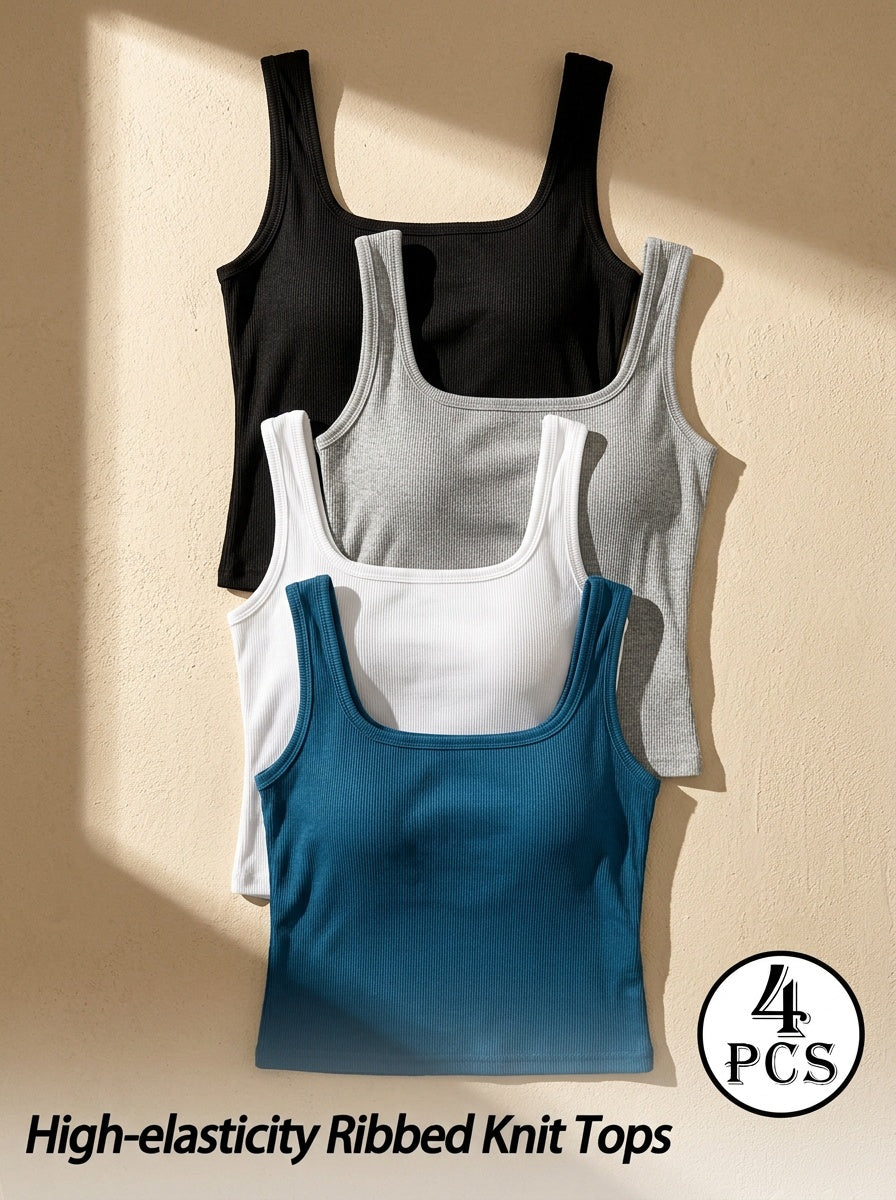 Women's Fitted Tank Tops 4-Pack, Mixed-Color Solid Layering Vest Shirts for Spring and Autumn, Everyday Inner or Outer Wear in Sizes S–XXL