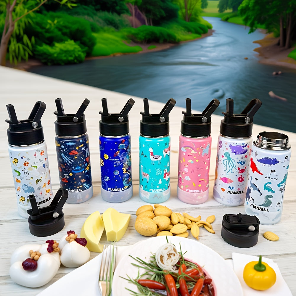 16oz Student Insulated Water Bottle, Stainless Steel Vacuum Flask with One-Hand Lid, Carry Strap and Seven Designs for School and Outdoor Trips