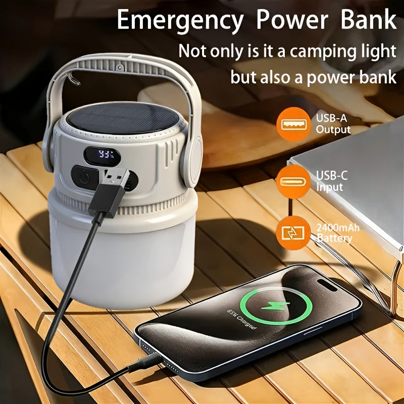 6-Mode Solar Camping Light with USB-C Charging, Hanging Hook and Battery Display, Portable Rechargeable LED Lamp with Phone Backup Power