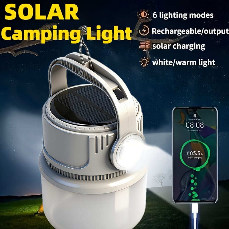 6-Mode Solar Camping Light with USB-C Charging, Hanging Hook and Battery Display, Portable Rechargeable LED Lamp with Phone Backup Power