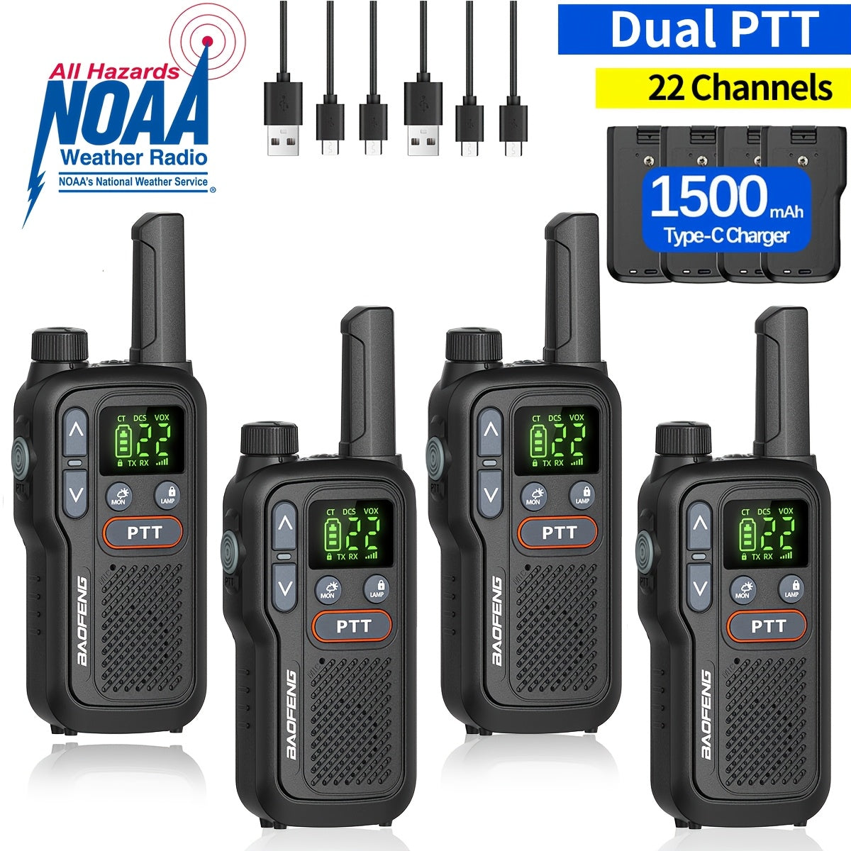 22-Channel FRS Walkie Talkies for Adults, BAOFENG Two-Way Radios with LCD Display, VOX and USB-C Lithium-Ion Battery Features, 2 or 4 Pack for Camping