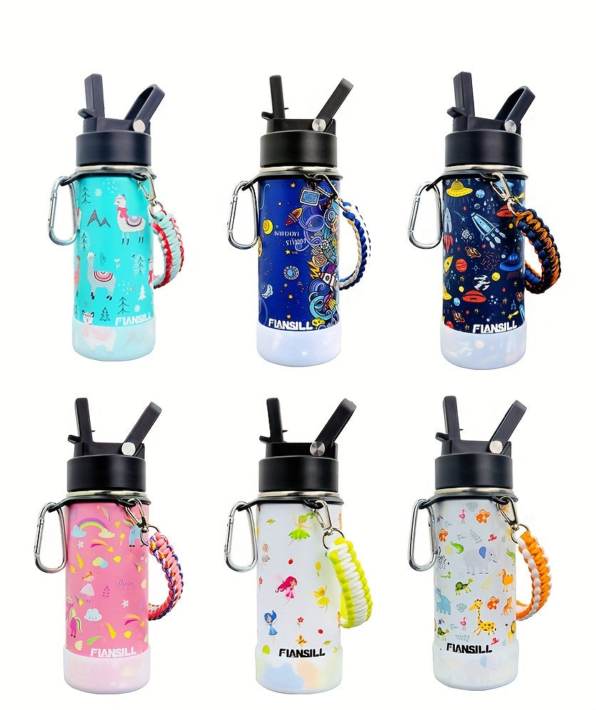 16oz Student Insulated Water Bottle, Stainless Steel Vacuum Flask with One-Hand Lid, Carry Strap and Seven Designs for School and Outdoor Trips