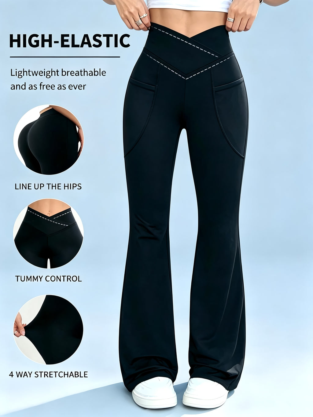 Crossover Flare Yoga Pants with Pockets for Women, Black High-Waisted V-Waist Soft Stretch Workout Trousers for Casual Wear and Lounging, S-XXL