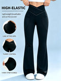 Crossover Flare Yoga Pants with Pockets for Women, Black High-Waisted V-Waist Soft Stretch Workout Trousers for Casual Wear and Lounging, S-XXL