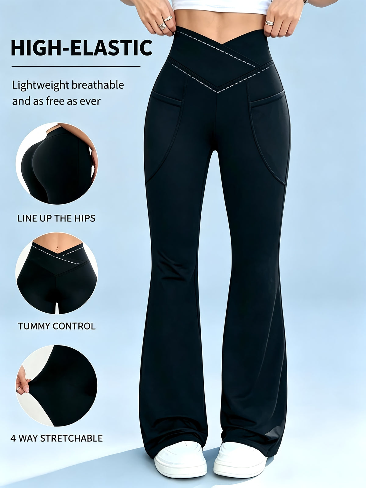 Crossover Flare Yoga Pants with Pockets for Women, Black High-Waisted V-Waist Soft Stretch Workout Trousers for Casual Wear and Lounging, S-XXL