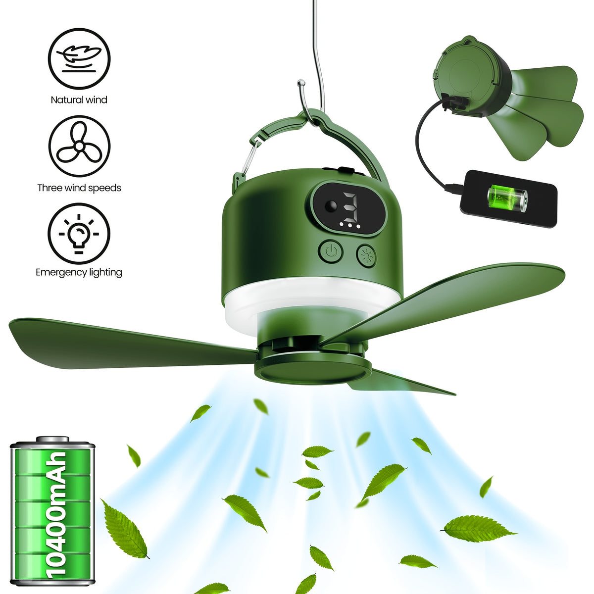 10400mAh Camping Ceiling Fan with Remote Control and LED Light, USB Rechargeable Tent Fan with Detachable Blades and Four Adjustable Speed Settings