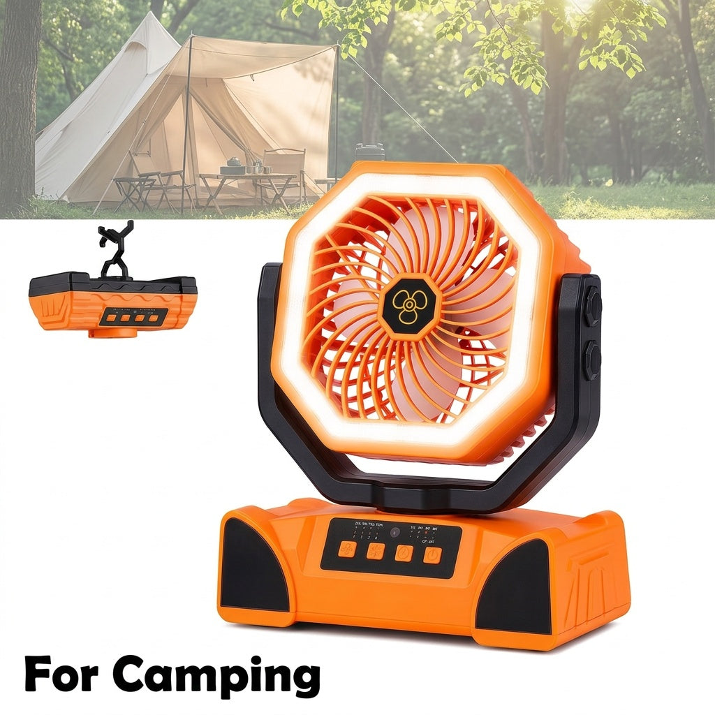 4-Speed Camping Fan with 20000mAh Battery, USB-C Charging and 16 LED Lights, Portable 90-Degree Rotating Tent Fan with Device Charging Outputs