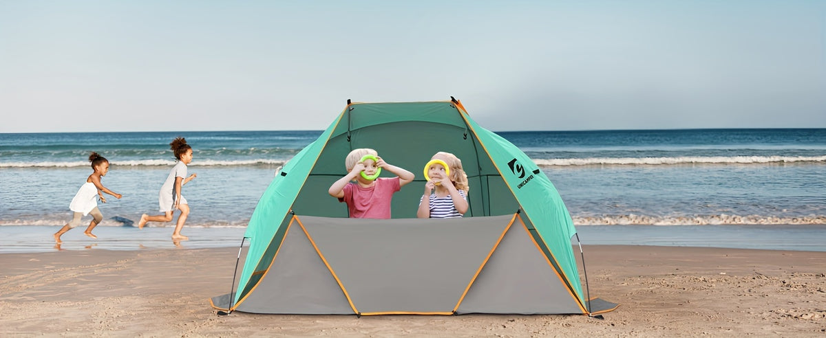 3-Person Beach Sun Shelter with UPF 50+ Fabric, Extended PE Floor and Three Mesh Roll-Up Windows, Portable 4 lb Tent for Beach Days and Outdoor Picnics