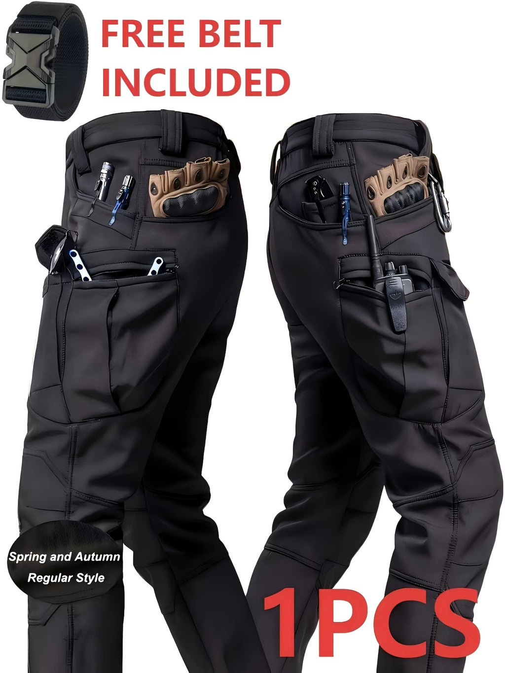 Relaxed-Fit Polyester Tactical Pants for Men with Belt Included, Lightweight Quick-Dry Multi-Pocket Trousers for Hiking, Outdoor Adventures and Work