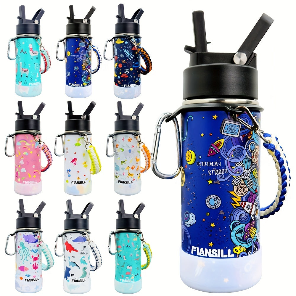 16oz Student Insulated Water Bottle, Stainless Steel Vacuum Flask with One-Hand Lid, Carry Strap and Seven Designs for School and Outdoor Trips