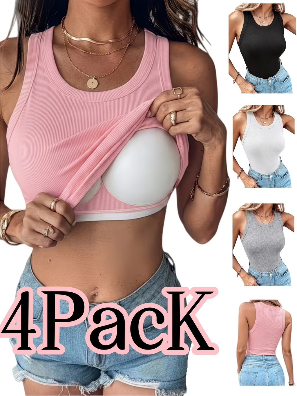 Women's Ribbed Tank Tops with Built-In Bra 4-Pack, Slim-Fit Scoop-Neck Sleeveless Camisoles for Layering, Lounging and Everyday Wear
