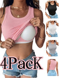 Women's Ribbed Tank Tops with Built-In Bra 4-Pack, Slim-Fit Scoop-Neck Sleeveless Camisoles for Layering, Lounging and Everyday Wear
