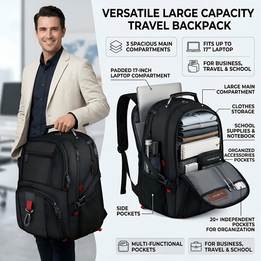 17-Inch Laptop Travel Backpack with Three Main Compartments, Padded Computer Storage and Mesh Shoulder Straps for College, Work and Weekend Trips