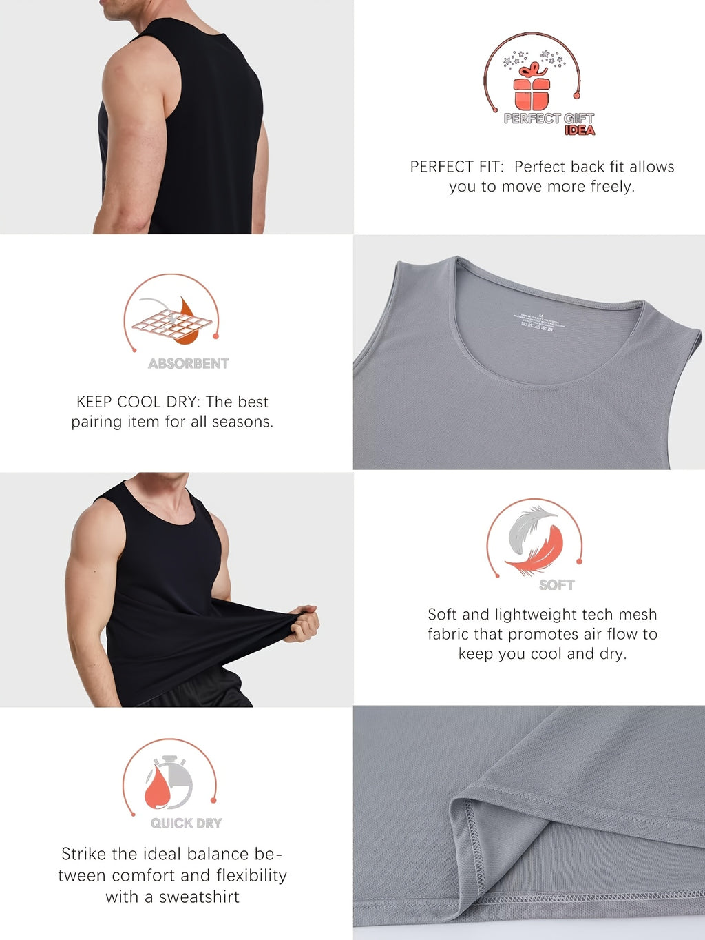Men's Athletic Tank Tops 6-Pack in Mixed Solid Colors, Breathable Quick-Dry Sleeveless Fitness Shirts for Sports and Casual Summer Wear