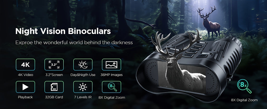 4K Digital Night Vision Goggles with 3.2-Inch Screen, 8X Digital Zoom and 64GB Memory Card for Adult Camping, Hunting and Outdoor Photo Video Capture