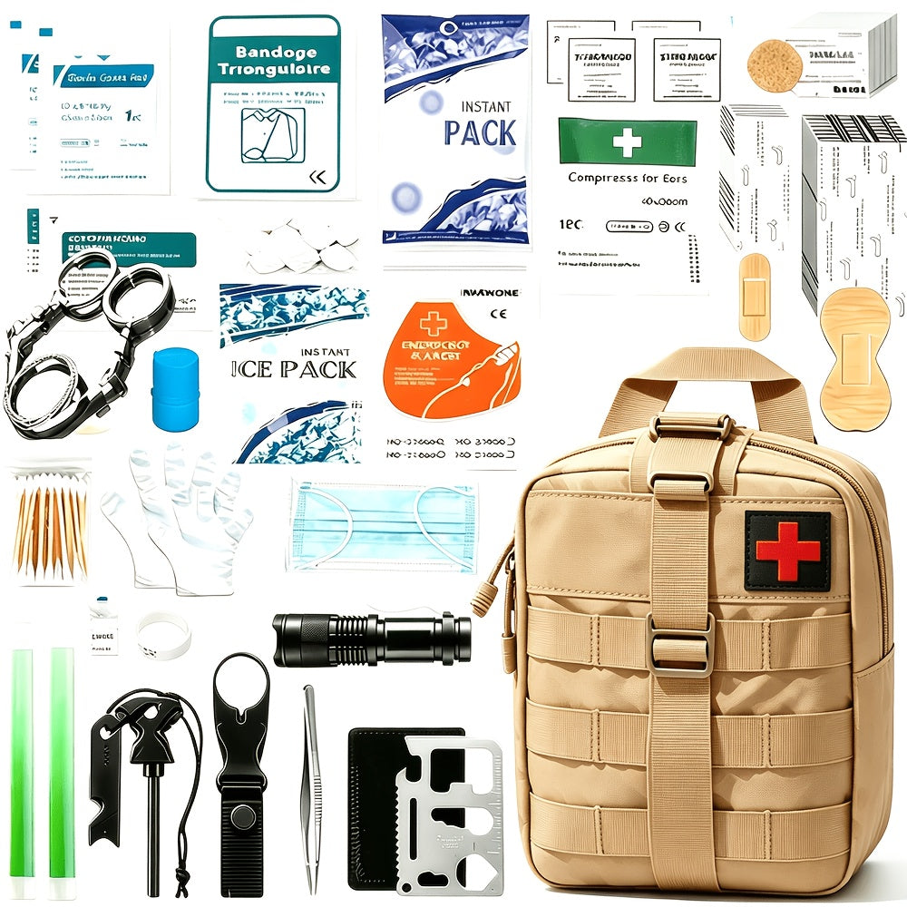 255-Piece Survival First Aid Kit with MOLLE-Compatible Bag and Emergency Tent, Outdoor Preparedness Gear for Hiking and Earthquake Planning