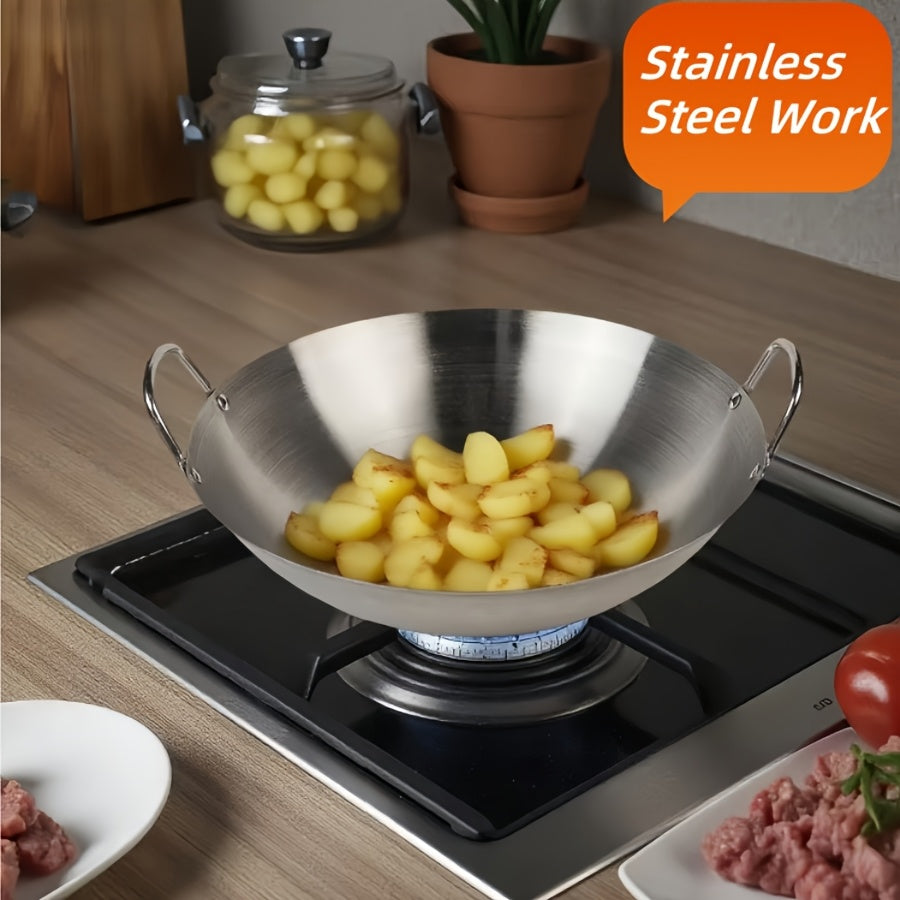 Stainless Steel Stir Fry Wok with Double Handles, Heavy-Duty Cooking Pan for Sautéing, Boiling and Braising at Home or Camping