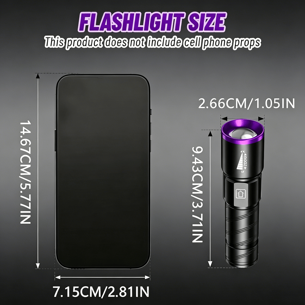 395nm UV Blacklight Flashlight with Adjustable Zoom, USB Rechargeable Aluminum Body and 3 Modes for Fluorescent Stain and Mineral Inspection