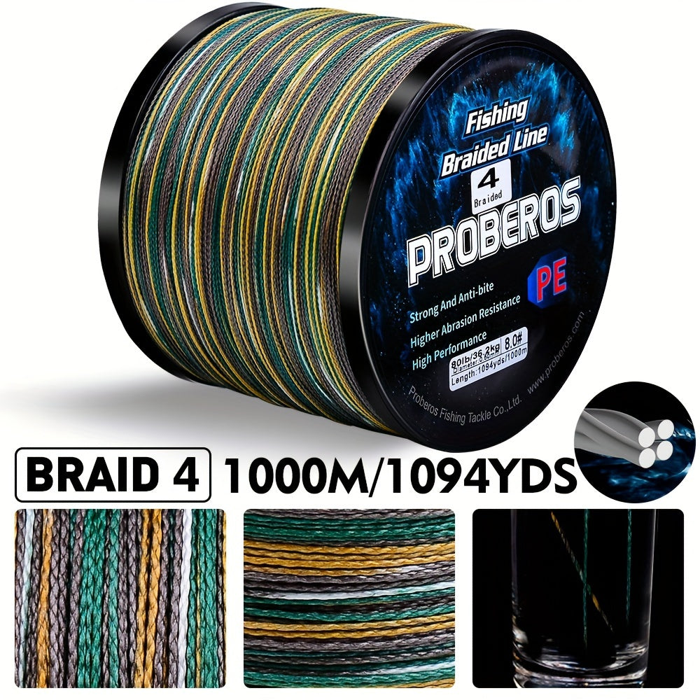 1094-Yard Braided Fishing Line with 4-Strand Construction, Abrasion Resistance and Listed Zero Stretch, 6–80 lb Test in Gray, Green and Camouflage Options