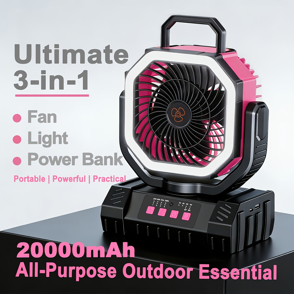 3-in-1 Camping Fan with Dimmable LED Tent Light and 20000mAh Power Bank, Four-Speed Portable Fan with 360-Degree Adjustment for Campsite and Backyard Use