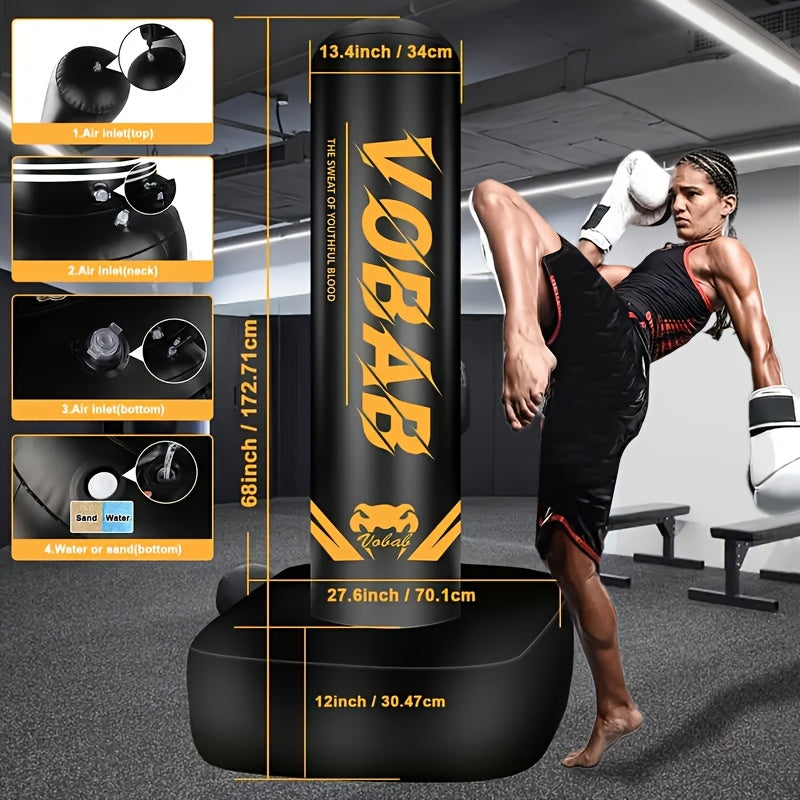 Boxing Punching Bag with Stand, 70-Inch Freestanding Black and Yellow Training Bag for Adult Home Gym MMA, Muay Thai and Karate Practice