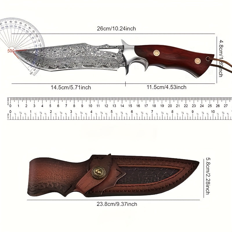 Full-Tang Damascus Hunting Knife with Leather Sheath, Hand-Forged Patterned Steel Blade and Premium Handle for Outdoor Field Tasks and Collectors