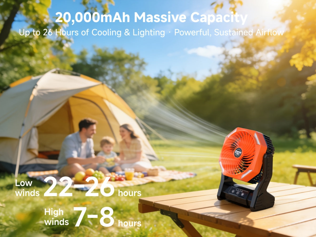 Portable Outdoor Desk Fan with LED Light, Camping Cooling Gear with Orange, Green, Black, Gray and Pink Color and Model Options