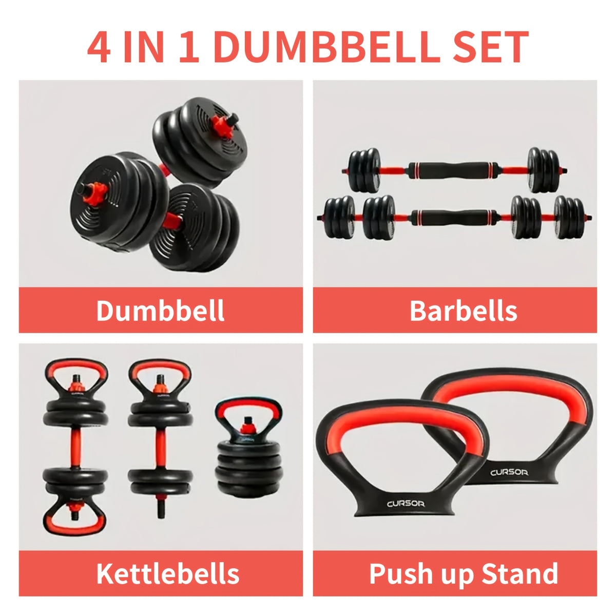4-in-1 Dumbbell Set with Adjustable Weights, Barbell, Kettlebell and Push-Up Stand Modes, 20 lb or 44 lb Options for Home Gym Strength Training