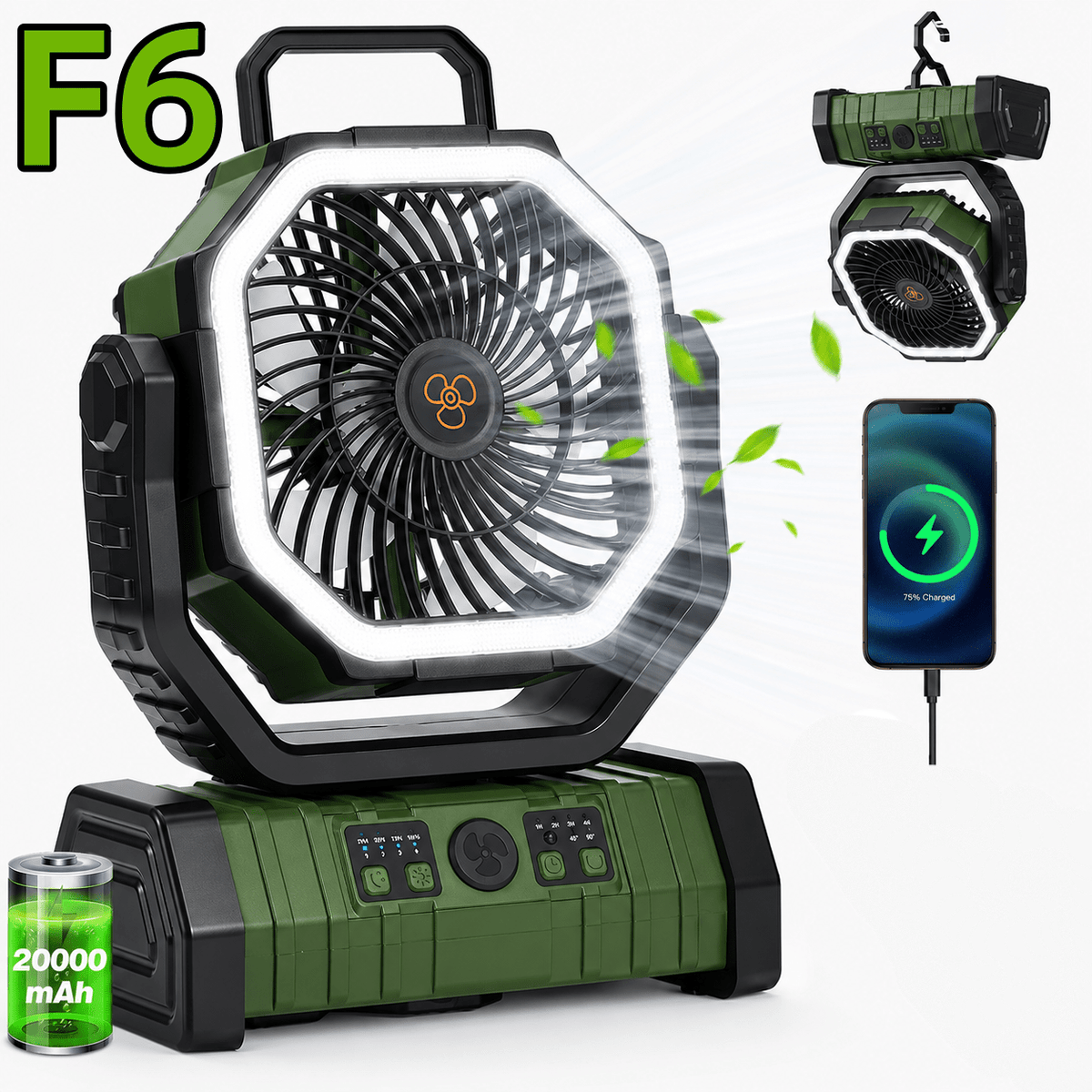4-Speed Camping Fan with 20000mAh Battery, USB-C Charging and 16 LED Lights, Portable 90-Degree Rotating Tent Fan with Device Charging Outputs
