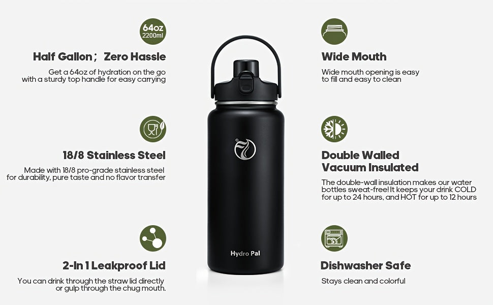 40 oz Insulated Stainless Steel Water Bottle with Chug and Straw Lids