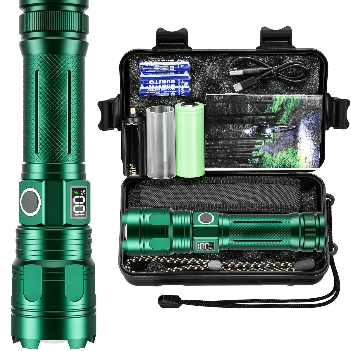 5-Mode Rechargeable LED Flashlight with Digital Power Display, Zoomable Aluminum Alloy Handheld Torch in Green with Hanging Strap and Lithium Battery