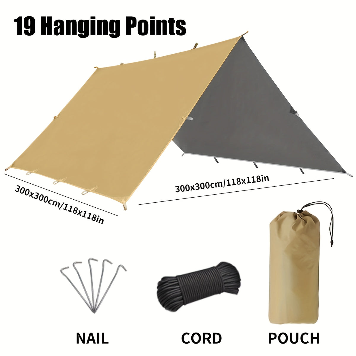 Multi-Point Camping Tarp Shelter for Outdoor Shade and Hammock Cover, 300 x 300 or 300 x 400 cm Options with 6 or 19 Hanging Points
