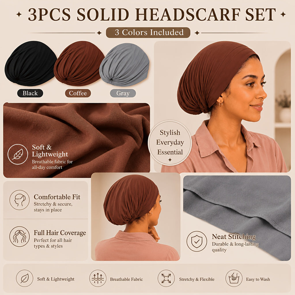 Hijab Undercaps 3-Pack for Women, Breathable Non-Slip Solid Color Muslim Headwear for Everyday Headscarf Layering and Travel Outfit Coordination