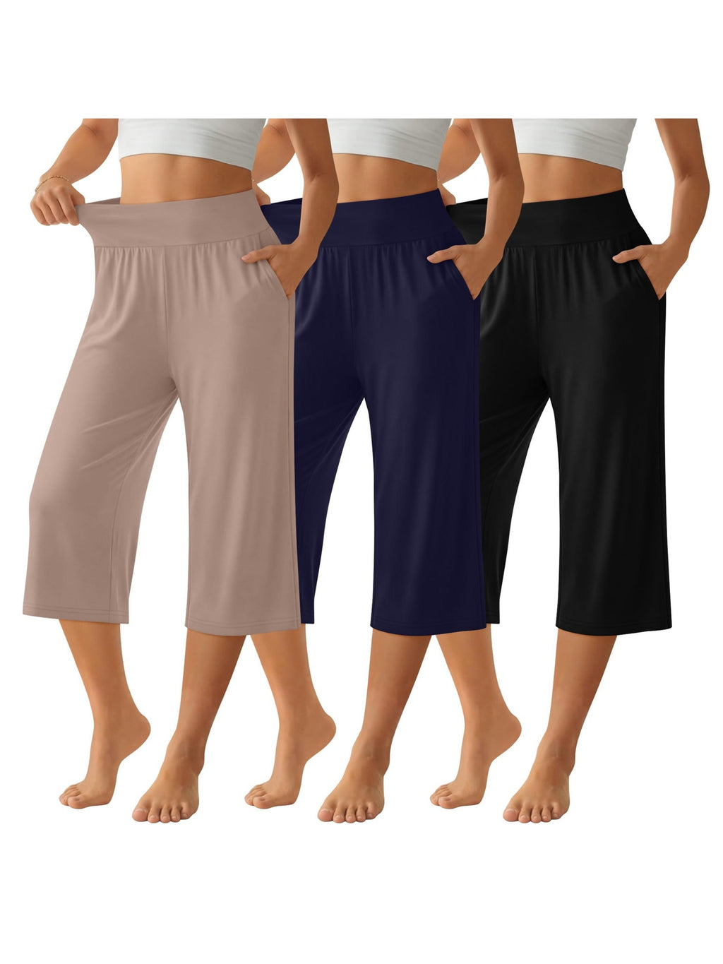 Women's Loose Capri Jogger Pants with Pockets, 3-Pack